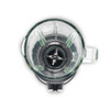 Top view of a black blender with glass jug showing stainless steel blades