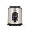 Stainless steel electric coffee grinder shown from the front with black lid and dial.