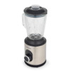 Stainless steel blender with glass jug and black lid, shown at a slight angle.