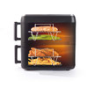 Black digital air fryer with tray of grilled food, shown from above