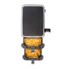 Black digital air fryer with display, open drawer showing roast chicken and potatoes