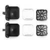 Black dual air fryer baskets with racks and crisper trays shown separately, top view