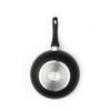 Black frying pan, Progress brand, shown from the base with textured silver bottom and black handle