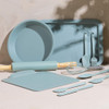 10-piece teal silicone baking set with utensils, rolling pin, whisk, and bakeware