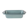 Green non-stick loaf tin, rectangular with handles, shown empty.