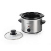 Compact silver slow cooker with black handles and lid, shown open on white background