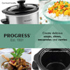 Compact silver slow cooker with black handles and lid, shown open on white background