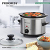 Silver slow cooker with black lid, filled with stew, viewed from above