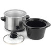 Stainless steel slow cooker with black ceramic pot and glass lid shown separated