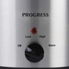 Stainless steel slow cooker close-up showing black handle and rim