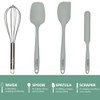 Set of four grey kitchen utensils: whisk, spoon, spatula and scraper, shown side by side.