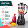 Black blender with fruit-filled jug and dimensions: 40.5cm high, 17cm wide, 20cm deep