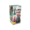 Boxed Progress black plastic jug blender, showing filled jug and key features.