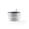 Clear and grey salad spinner with white handle, shown on white background