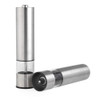 Set of two stainless steel electric salt and pepper grinders with clear window.