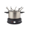Stainless steel electric fondue set with eight forks on black base, front view.