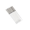 Set of eight stainless steel fondue forks with black tips, arranged diagonally