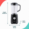 Black blender with dimensions shown: height 36.5cm, length 33cm, width 15cm