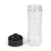 Clear plastic blender bottle with black flip-top lid shown separately