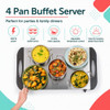 4 pan buffet server with warming tray and dishes, promotional feature graphic