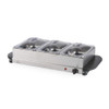 Silver 3-section buffet server with clear lids, shown empty, angled view
