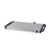 Electric warming tray with silver surface, black handles and adjustable heat control