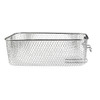 Silver rectangular wire mesh basket for deep fat fryer, shown empty on white background