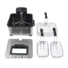 Silver electric deep fryer on kitchen counter with fried snacks and dipping sauces.