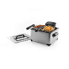 Stainless steel double basket deep fryer with chips and chicken, lid shown beside