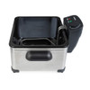 Stainless steel electric deep fat fryer with control panel, shown empty.