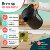 Black electric kettle with ribbed finish, side water window and dimensions shown