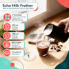 Echo Milk Frother infographic showing black frother pouring milk into hot chocolate