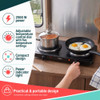 Portable double electric hob cooking eggs and beans with feature highlights