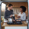 Progress double hot plate in campervan with kettle and frying pan cooking breakfast