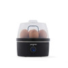 Black electric egg boiler with transparent lid, holding six eggs, Progress branding on front
