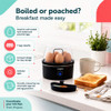 Black egg cooker with dimensions shown: 16cm high, 16.6cm long, 16.3cm wide