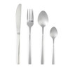 Set of four silver stainless steel cutlery pieces: knife, fork, tablespoon, teaspoon.