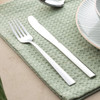 Silver fork and knife on pale green napkin, shown with striped bowl and plate