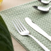 Silver stainless steel fork, knife, and spoons on green textured napkin, lifestyle image