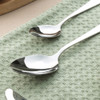 Two stainless steel spoons on a light green textured cloth.