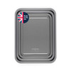 Set of three silver baking trays, Progress brand, stackable, includes 'Made in the UK' badge