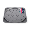 Silver non-stick pizza tray and oven tray set, perforated, circular, with Made in UK badge