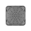 Silver non-stick pizza tray with holes and matching baking tray, shown from above.