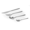 Set of four silver stainless steel cutlery pieces: knife, fork, dessert spoon, teaspoon