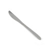 Silver dinner knife with geometric patterned handle on white background