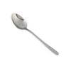 Stainless steel dessert spoon, angled on white background