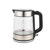 Clear glass electric kettle with stainless steel base and black handle, side view