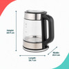 Glass kettle with stainless steel trim, dimensions 23.4cm high, 16.7cm long, 23.5cm wide