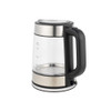 Stainless steel and glass electric kettle with black handle, side view