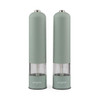 Set of two green Progress electric salt and pepper mills with clear base